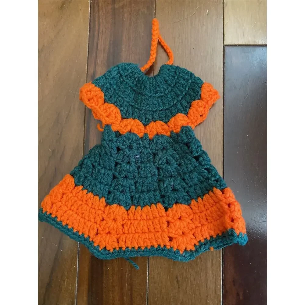 Vintage Crochet Potholders/‎ Hot Pads + crochet bottle dress (?).